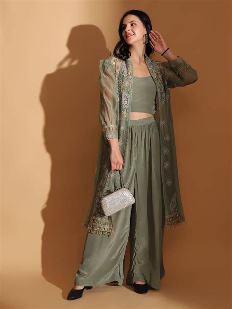 Embroidered Co-ord Set with Long Shrug - Dusty Green - Co Ord Set With ...