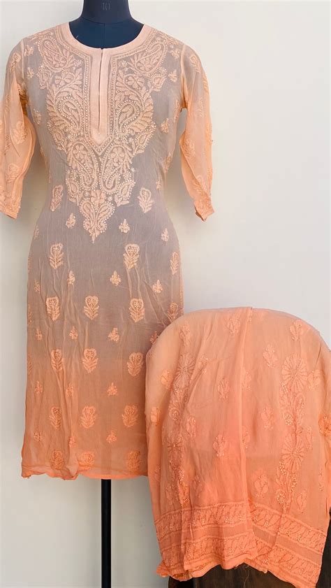 Lucknowi Chikankari Ombre Co-ord Set Peach Pure Georgette With Resham ...