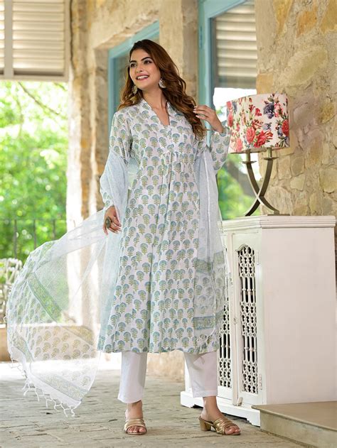 Divena White & Green Floral Handblock Printed Cotton Anarkali Kurta Se ...