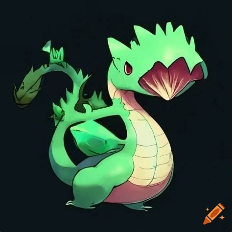 Grass-type dragon-like pokemon merging with a mushroom on Craiyon