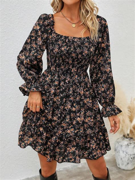 SHEIN LUNE Floral Print Flare Sleeve Ruffle Hem Dress | SHEIN USA