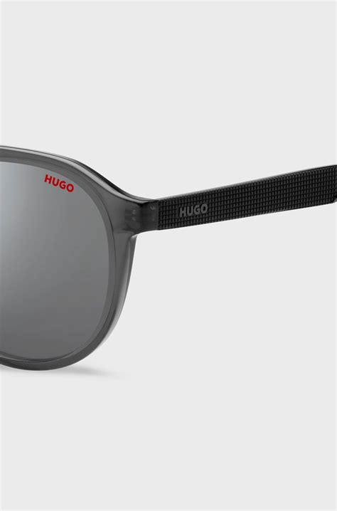 HUGO - Double-bridge sunglasses in grey acetate with patterned temples ...