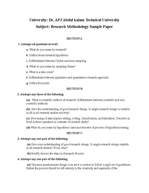 Research methodology sample question paper - University: Dr. APJ Abdul ...