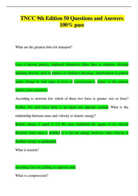 TNCC 9th Edition 50 Questions and Answers 100% pass - TNCC 9th Edition ...