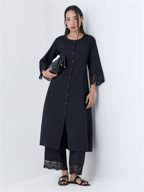 Buy Utsa Black Lace-Detailed Cotton-Blend A-Line Kurta from Westside