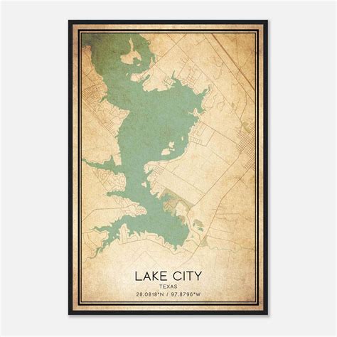 Vintage Lake City Texas Map Poster, Lake City TX City Road Wall Art ...