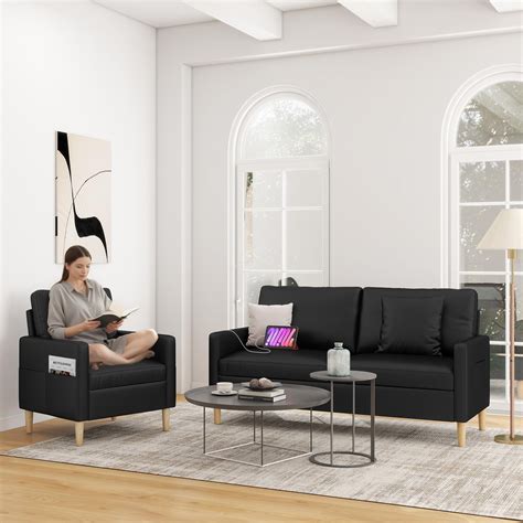 66" Black Faux Leather Sofa Couches w/USB, 2 Piece Living Room Set, Mid ...