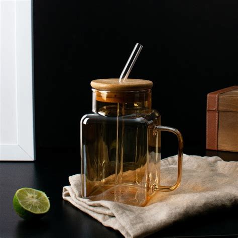 Tinted Mason Jar Style Drinking Glass (Bamboo Lid & Glass Straw ...