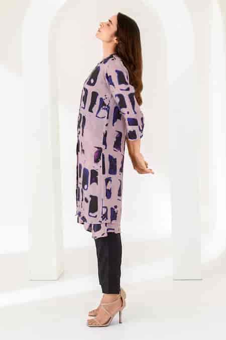 Buy Purple Silk Collared Modern Art Printed Jacket And Pant Set For ...