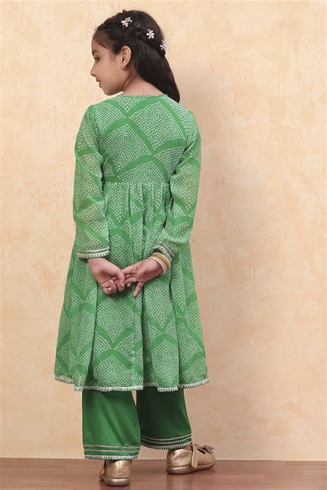 Buy Green Georgette Bandhani Printed Angrakha Suit Set Online at Biba India