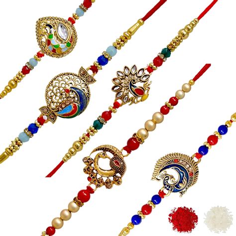 Buy Meira Brass Peacock Bracelet Combo Set of 5 Rakhi with Roli Chawal ...