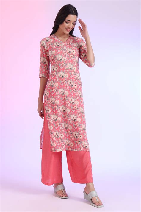 Buy Pink Printed Straight Kurta with Palazzo & Dupatta Set Online for ...