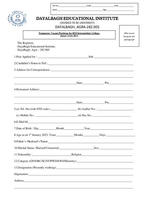 Fillable Online Dayalbagh Educational Institute hiring Principal ...