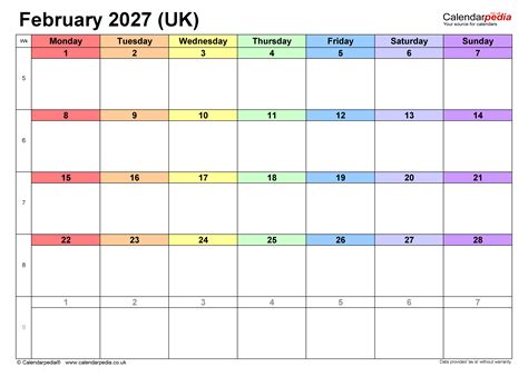 Calendar February 2027 UK with PDF, Excel and Word templates