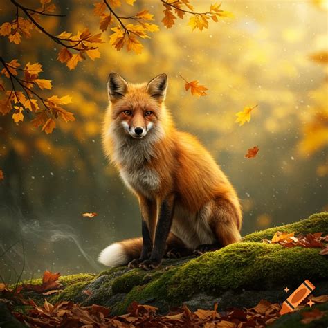 A photorealistic fox sitting on a mossy rock in an autumn forest with falling golden leaves. on ...