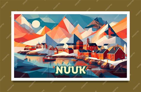 Nuuk city capital of Greenland European country artistic art illustration design colourful ...