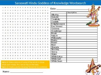 Saraswati Indian Goddess Wordsearch Puzzle Sheet Keywords Hindu Religion