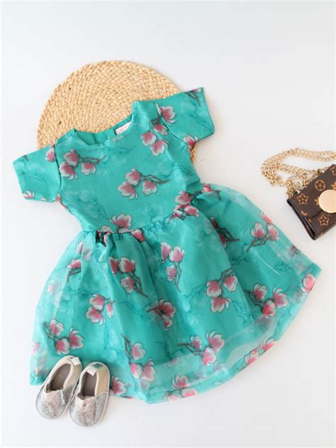 Qvink Half Sleeves Floral Organza Frock - Turquoise Green