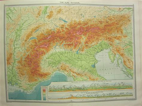1920 LARGE MAP ~ THE ALPS PHYSICAL SWITZERLAND LAND HEIGHTS MOUNTAIN ...