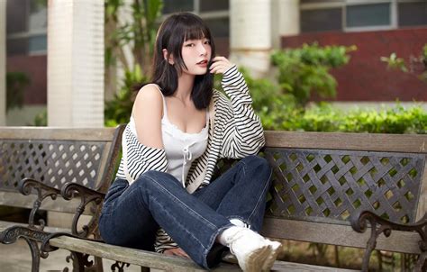 Wallpaper girl, Asian, bench for mobile and desktop, section девушки ...