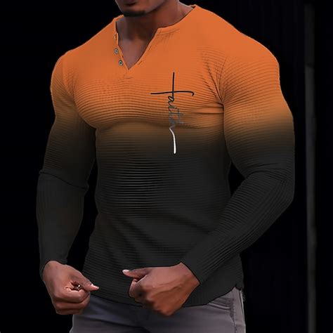 Hombre Graphic Letra Fe Henley Shirt Camiseta de gofres Manga Larga ...