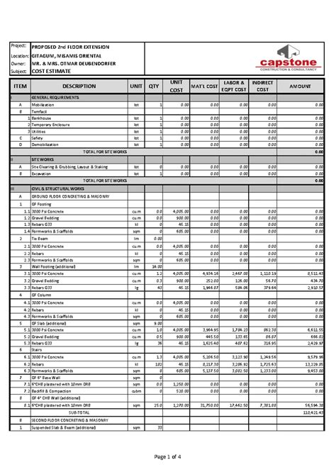 Sample Bill of Materials for Residential Construction - Location: Owner ...