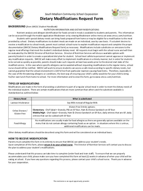 Fillable Online smadison k12 in Dietary Modifications Request Form ...