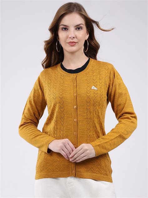 Buy Women Mustard Self Design Round Neck Full Sleeve Cardigan Online in ...