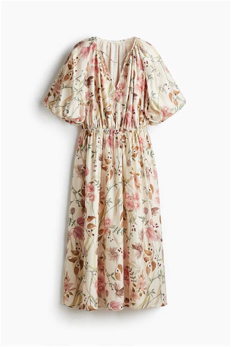 Women's Light beige/Floral Balloon-sleeved dress | H&M IN
