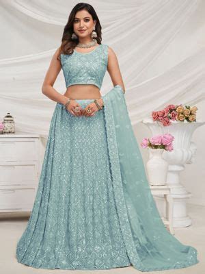 Buy Odette Sky Blue Net Embroidered Semi Stitched Lehenga With ...