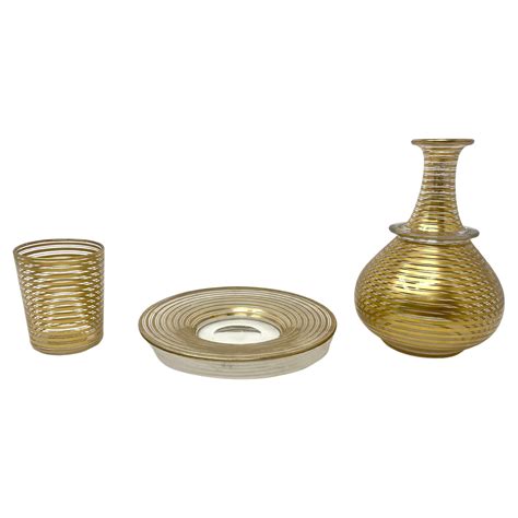 Antique French Art Deco Cut Glass with Gold-Leaf Carafe, Glass and Tray ...