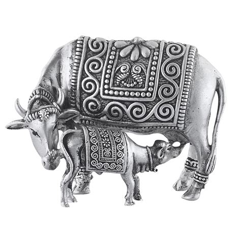 Silver Kamdhenu Cow & Calf Idol ~ CaratCafe