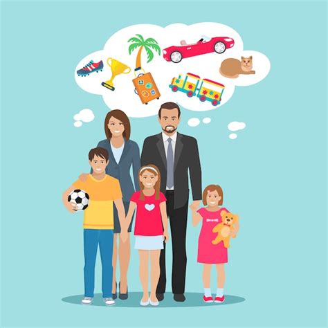 Flache Illustration von Träumen alle Familienmitglieder und Kinder ...