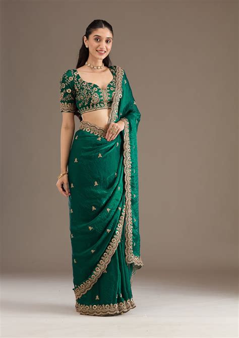 Buy Peacock Green Zariwork Tissue Saree - Koskii