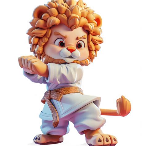 A cute cartoon lion wearing a white karate uniform and a brown belt ...