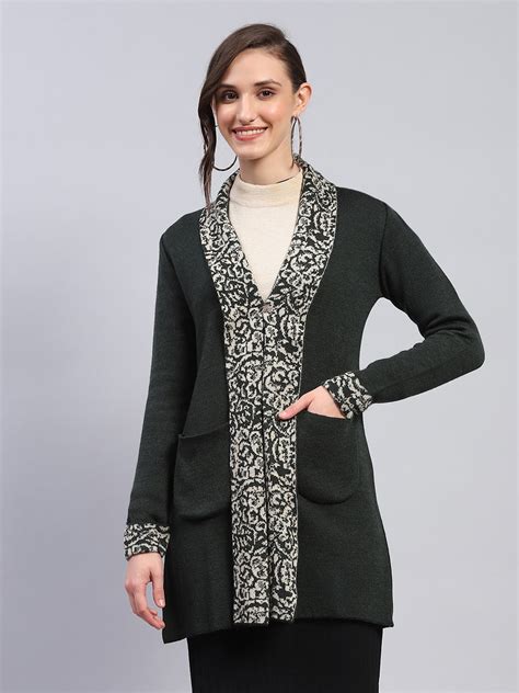 Buy Women Olive Printed Notch Lapel Collar Full Sleeve Cardigan Online ...