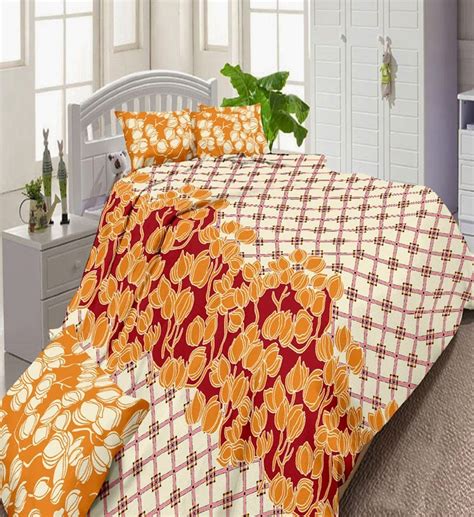 e-Vogue Off White & Red Printed Cotton Double Bed Coverred white ...