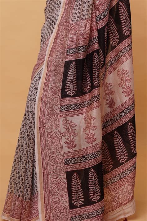Buy Black Fern Bagh Print Chanderi Silk Saree - House Of Elegance ...