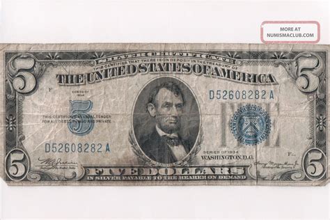 Series Of 1934 $5 Silver Certificate Blue Seal Circulated