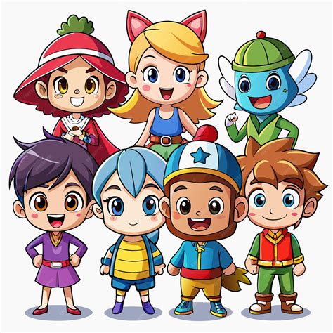 Cartoon illustration of seven cute characters standing together with ...