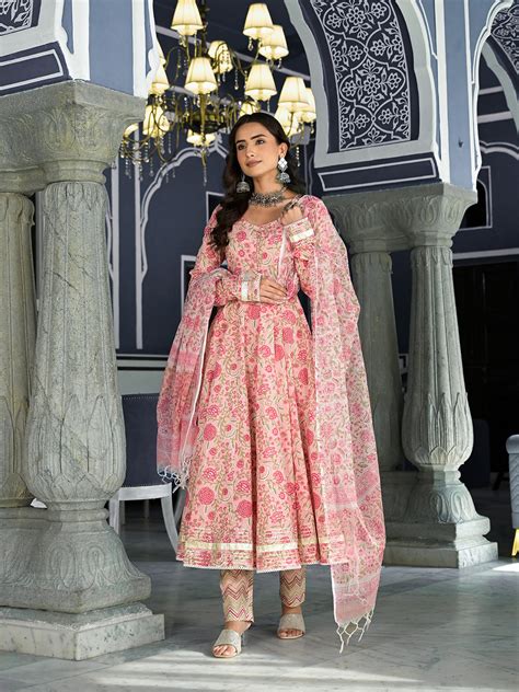 Divena Pink Floral Printed Anarkali Kurta Trouser with Dupatta Set ...