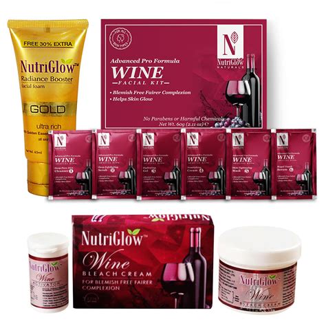 NutriGlow NATURAL'S Wine Facial Kit (60gm) Wine Bleach (43gm) & Gold ...