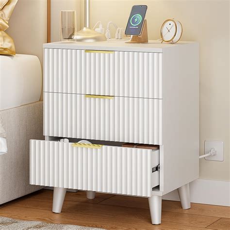 Wood 3 Drawers Dresser w/Charging Station, Modern Fluted Night Stand ...