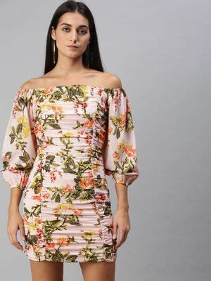 Buy KASSUALLY Peach Floral Print Ruched Dress Online