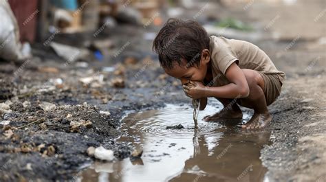 A young child kneels to drink from a muddy puddle in a dirty ...