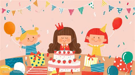 卡通小清新小女孩过生日配图插画图片-千库网