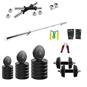 FITNESS MART 52 KG WEIGHT HOME GYM SET + 14" DUMBBELL ROD + 5 FEET ...