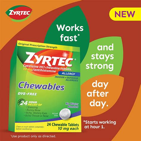 Buy Zyrtec 24 Hour Allergy Relief Chewable Dye-Free Tablets with 10 mg ...