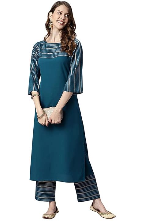 Janasya Women Teal Striped Printed Crepe Kurta Palazzo Set Latest Style ...