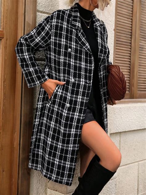Chiquease Plaid Double Breasted Lapel Neck Slant Pocket Overcoat ...